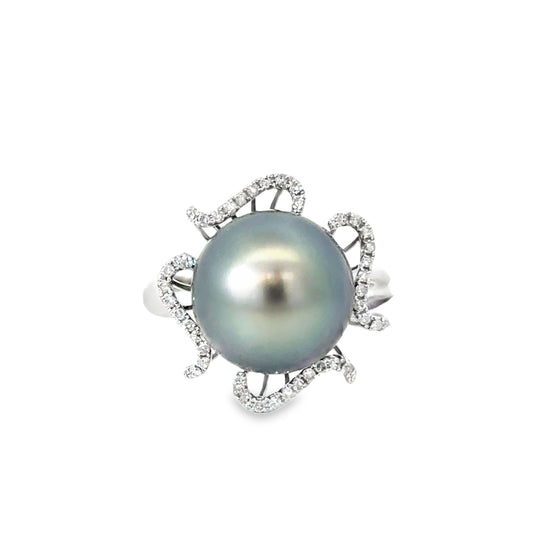 14K White Gold Gray Pearl & Diamond Petal Ring