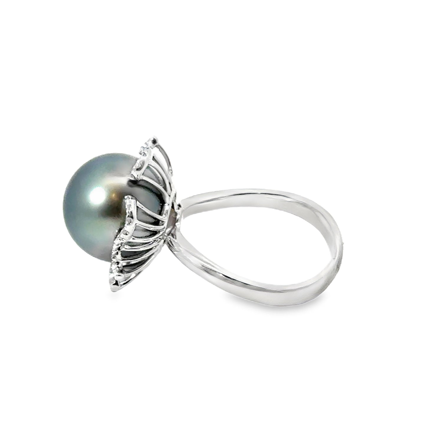 14K White Gold Gray Pearl & Diamond Petal Ring