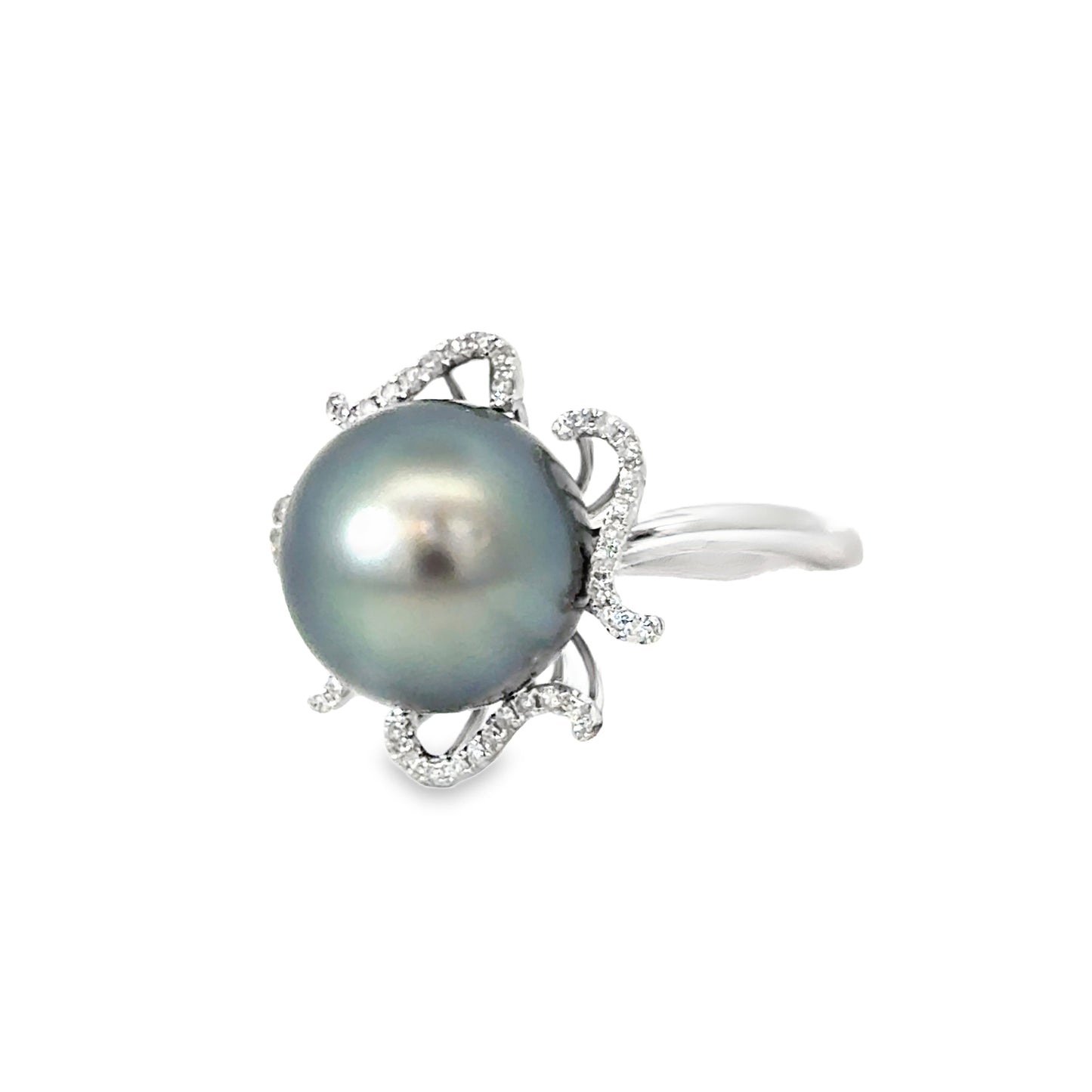 14K White Gold Gray Pearl & Diamond Petal Ring
