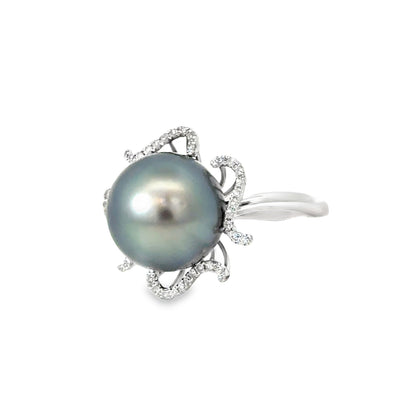 14K White Gold Gray Pearl & Diamond Petal Ring