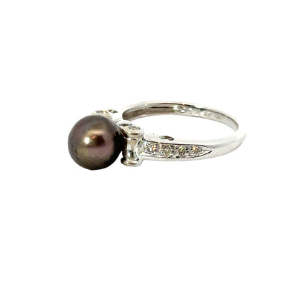 14K White Gold Black Pearl & Diamond Heart Shank Ring