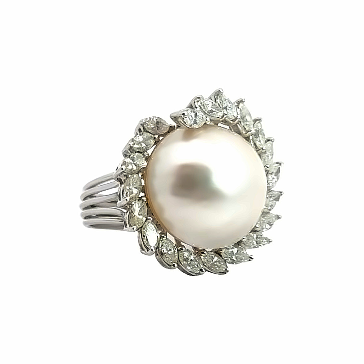 Platinum South Sea Pearl & Marquise Diamond Swirl Cocktail Ring