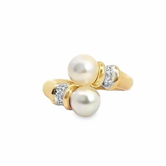 14K Yellow & White Gold Pearl Bypass Ring with Diamond Accents