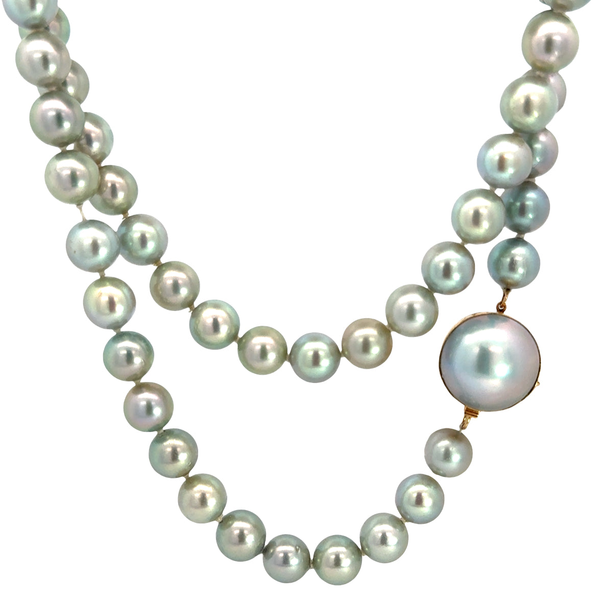 Natural Gray Pearl Necklace 35” with Blue-Green Overtone & 14K Gold Pearl Clasp