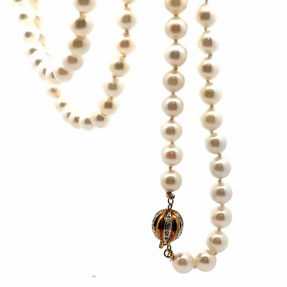 Long Pearl Necklace with Gold & Diamond Clasp