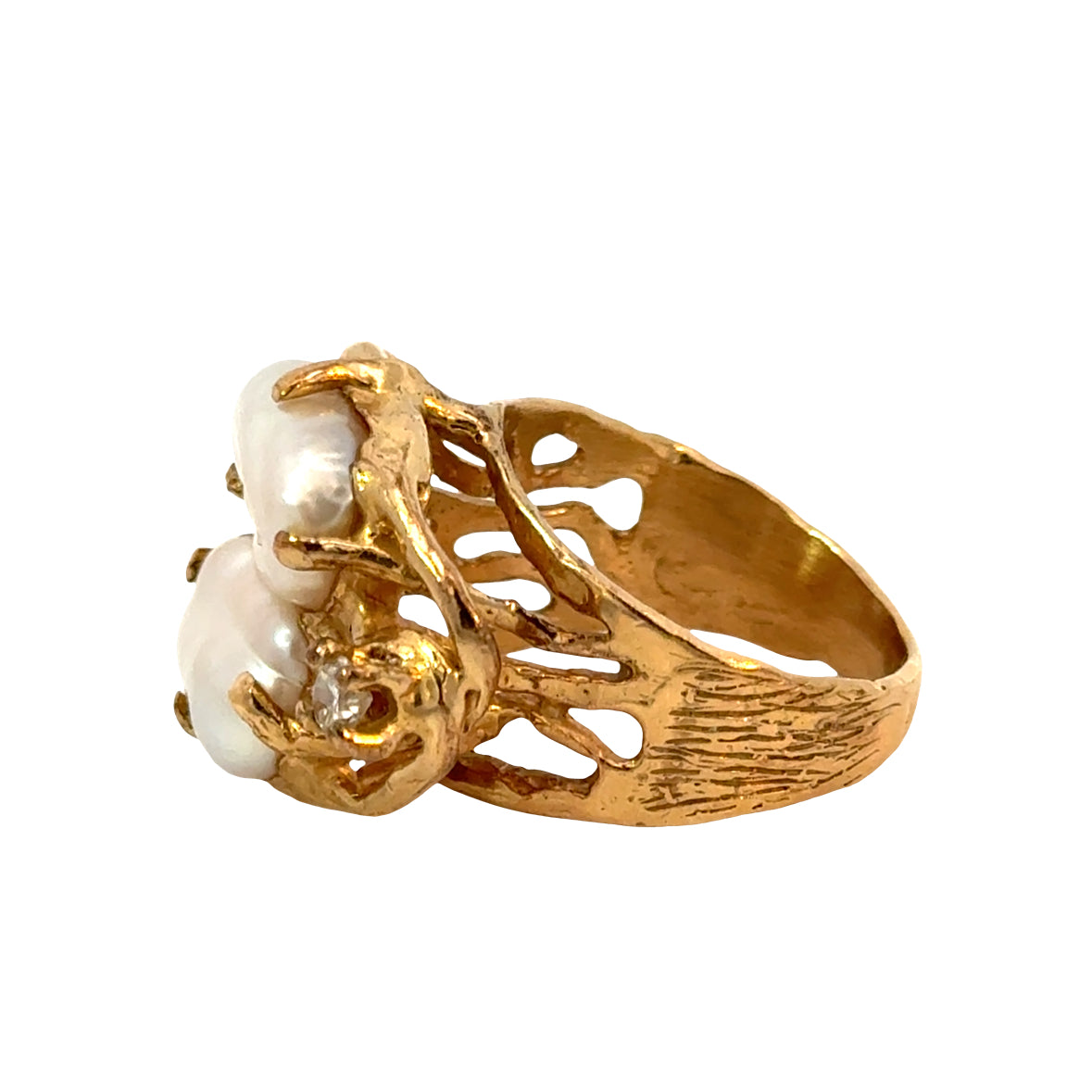 Vintage 1970s 14K Yellow Gold Natural Pearl & Diamond Artistic Statement Ring