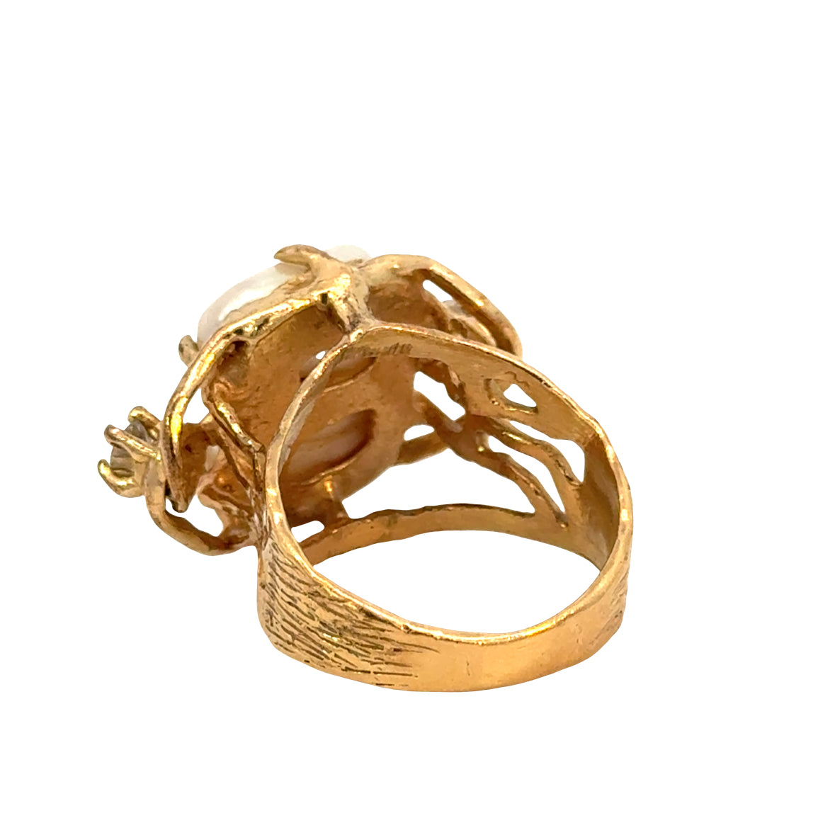 Vintage 1970s 14K Yellow Gold Natural Pearl & Diamond Artistic Statement Ring