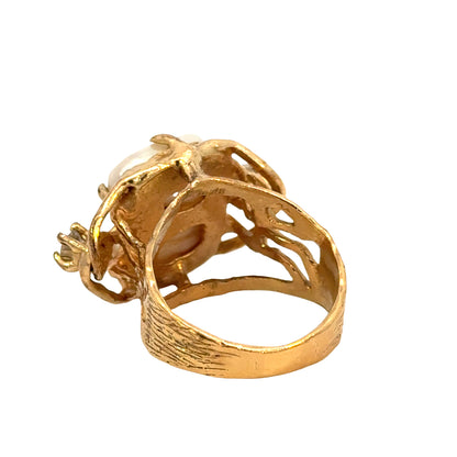 Vintage 1970s 14K Yellow Gold Natural Pearl & Diamond Artistic Statement Ring