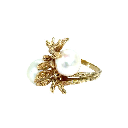 Vintage 1950s 14K Yellow Gold South Sea Pearl & Diamond Flower Ring