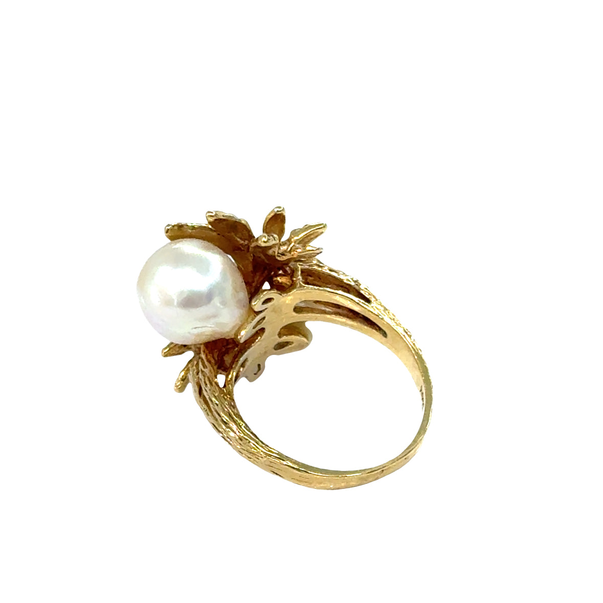 Vintage 1950s 14K Yellow Gold South Sea Pearl & Diamond Flower Ring