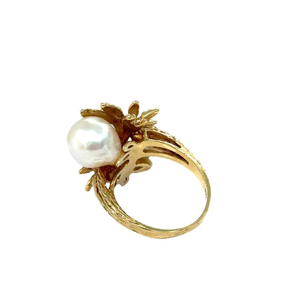 Vintage 1950s 14K Yellow Gold South Sea Pearl & Diamond Flower Ring