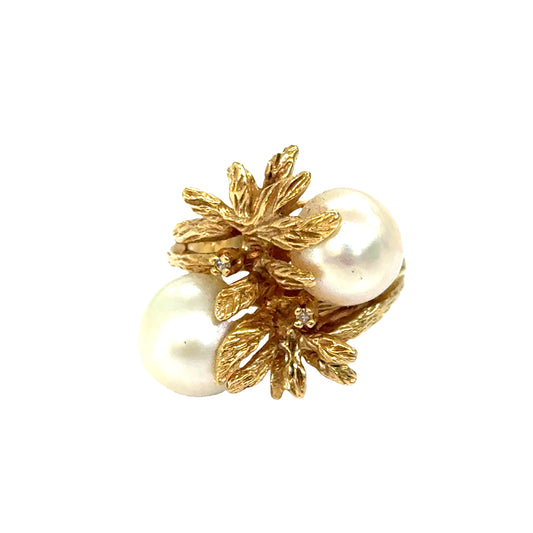 Vintage 1950s 14K Yellow Gold South Sea Pearl & Diamond Flower Ring