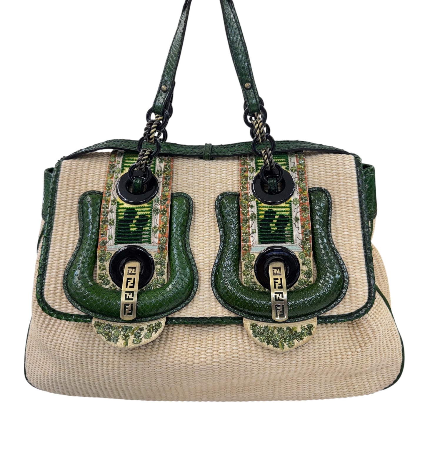 Rare Fendi Vintage Raffia & Python Embroidered B Bag Tote