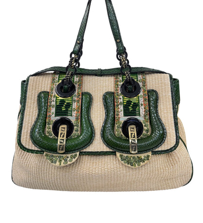 Rare Fendi Vintage Raffia & Python Embroidered B Bag Tote