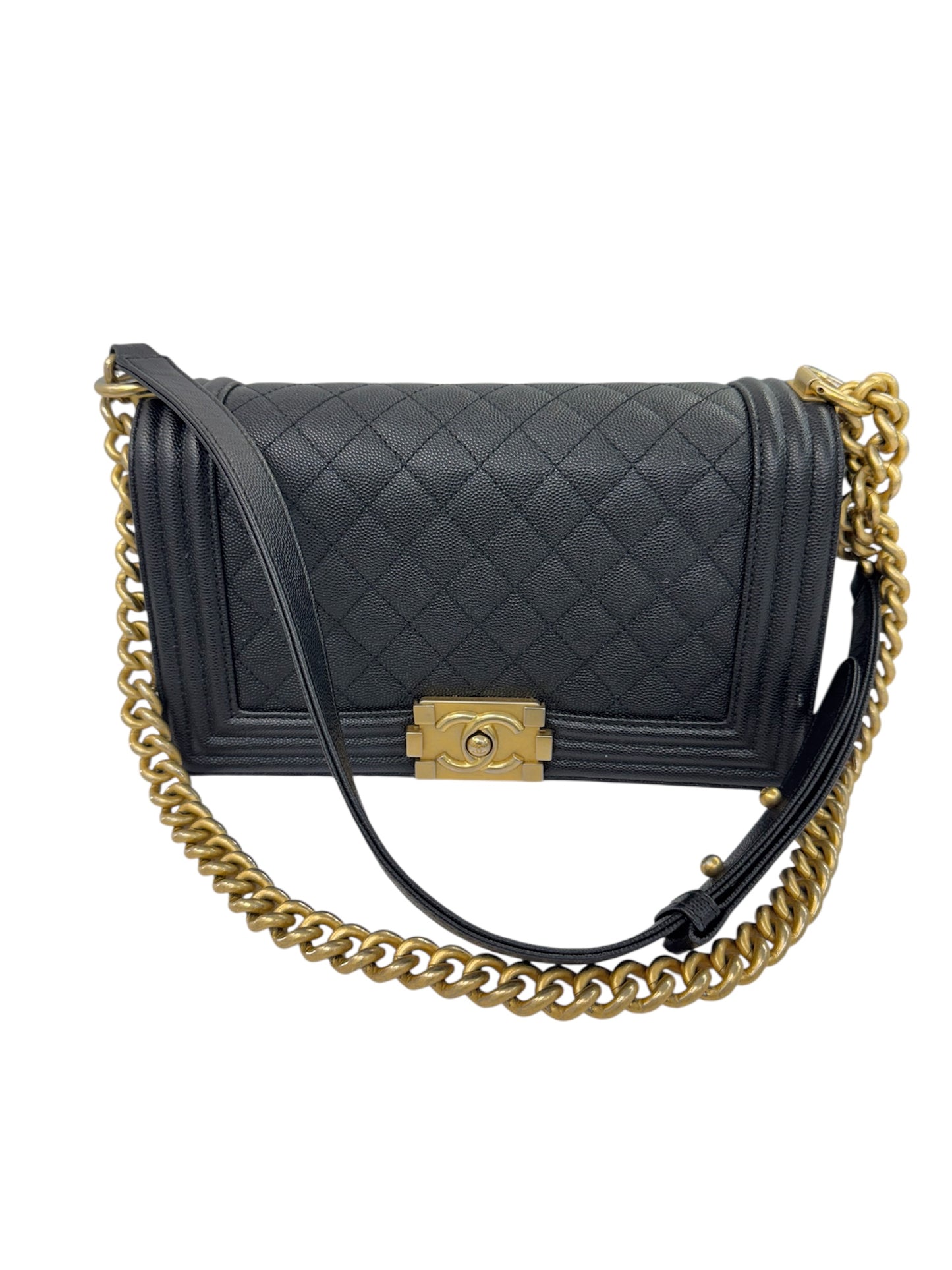 Authentic Chanel Boy Bag in Black Caviar Leather with Aged Gold Hardware