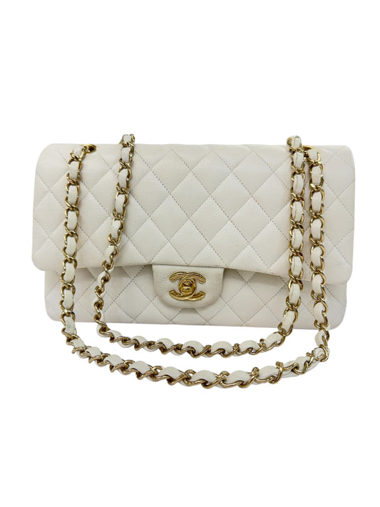 Authentic Chanel Classic Double Flap Bag – White Caviar Leather with Gold Hardware