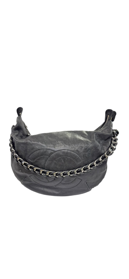 Chanel Black Lambskin Chain Hobo Bag with CC Charm – Made in Italy