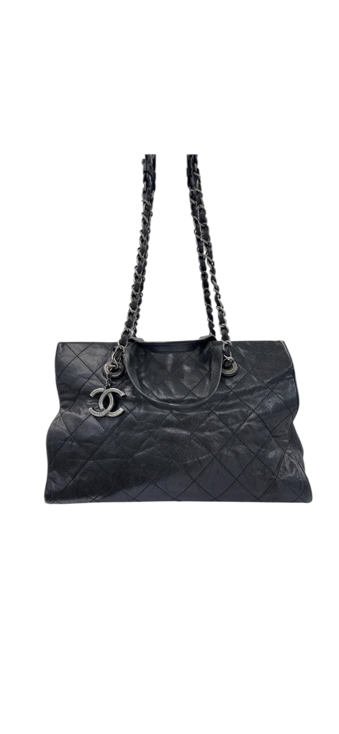 Chanel Large Quilted Caviar Leather Tote with Chain & Top Handles – Black / Burgundy Interior