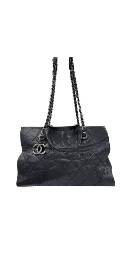 Chanel Large Quilted Caviar Leather Tote with Chain & Top Handles – Black / Burgundy Interior