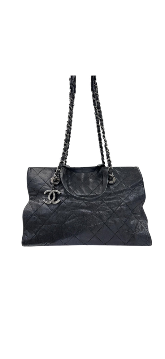 Chanel Large Quilted Caviar Leather Tote with Chain & Top Handles – Black / Burgundy Interior