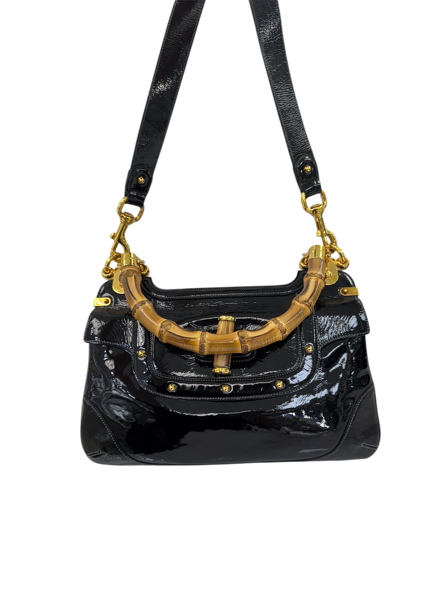 Vintage Gucci Bamboo Top Handle Bag – Black Patent Leather – Made in Italy