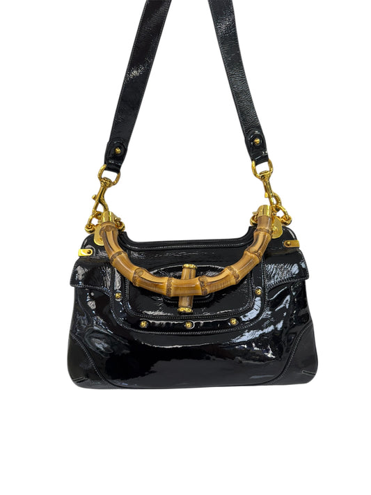 Vintage Gucci Bamboo Top Handle Bag – Black Patent Leather – Made in Italy