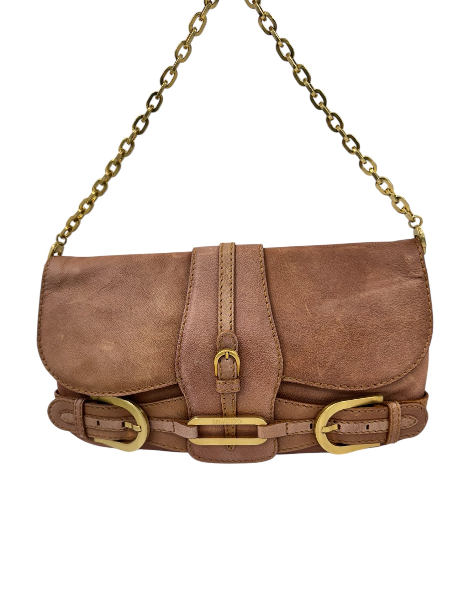 Jimmy Choo Vintage Camel Leather Buckle Shoulder Bag – Removable Chain Strap – Made in Italy