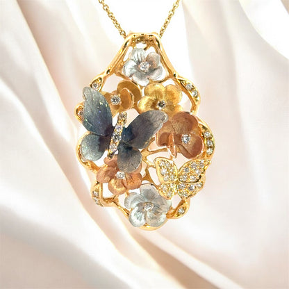 18K Yellow Gold & Diamond Butterfly & Flower Pendant