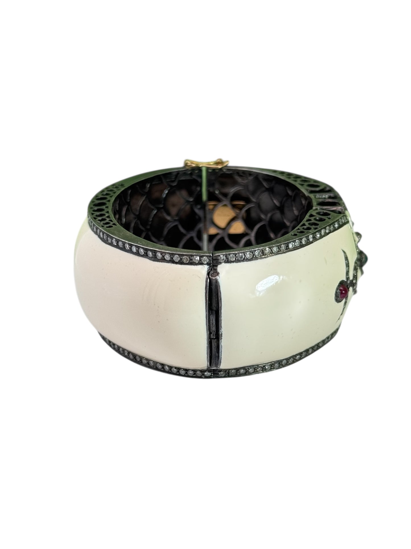 Retro Ivory Enamel, Diamond, Aquamarine & Ruby Bangle in Sterling Silver & 14K Gold