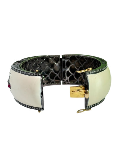 Retro Ivory Enamel, Diamond, Aquamarine & Ruby Bangle in Sterling Silver & 14K Gold