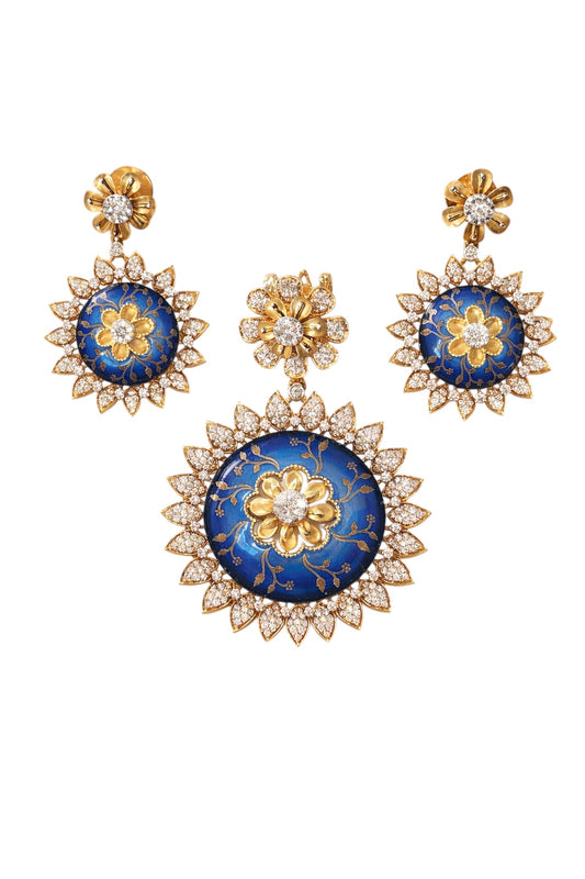 14K Yellow Gold Diamond & Blue Enamel Floral Jewelry Set