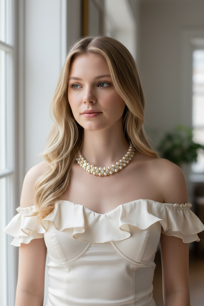 Vintage 18K Yellow Gold Pearl & Diamond Collar Necklace – Double Row Pearls