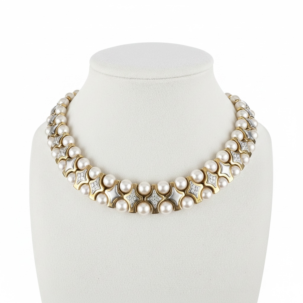 Vintage 18K Yellow Gold Pearl & Diamond Collar Necklace – Double Row Pearls
