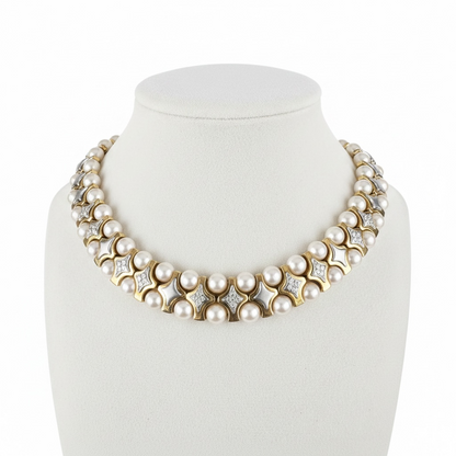 Vintage 18K Yellow Gold Pearl & Diamond Collar Necklace – Double Row Pearls