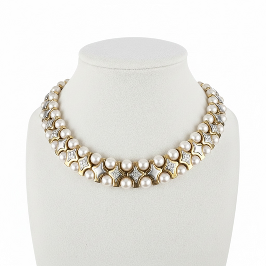 Vintage 18K Yellow Gold Pearl & Diamond Collar Necklace – Double Row Pearls