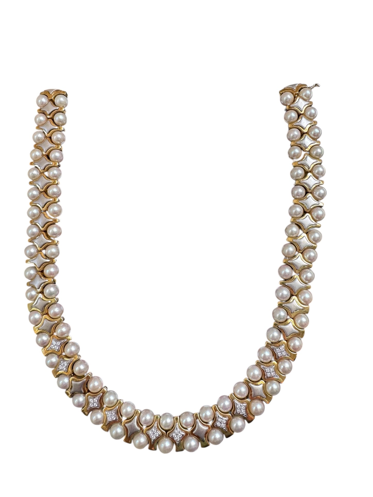 Vintage 18K Yellow Gold Pearl & Diamond Collar Necklace – Double Row Pearls
