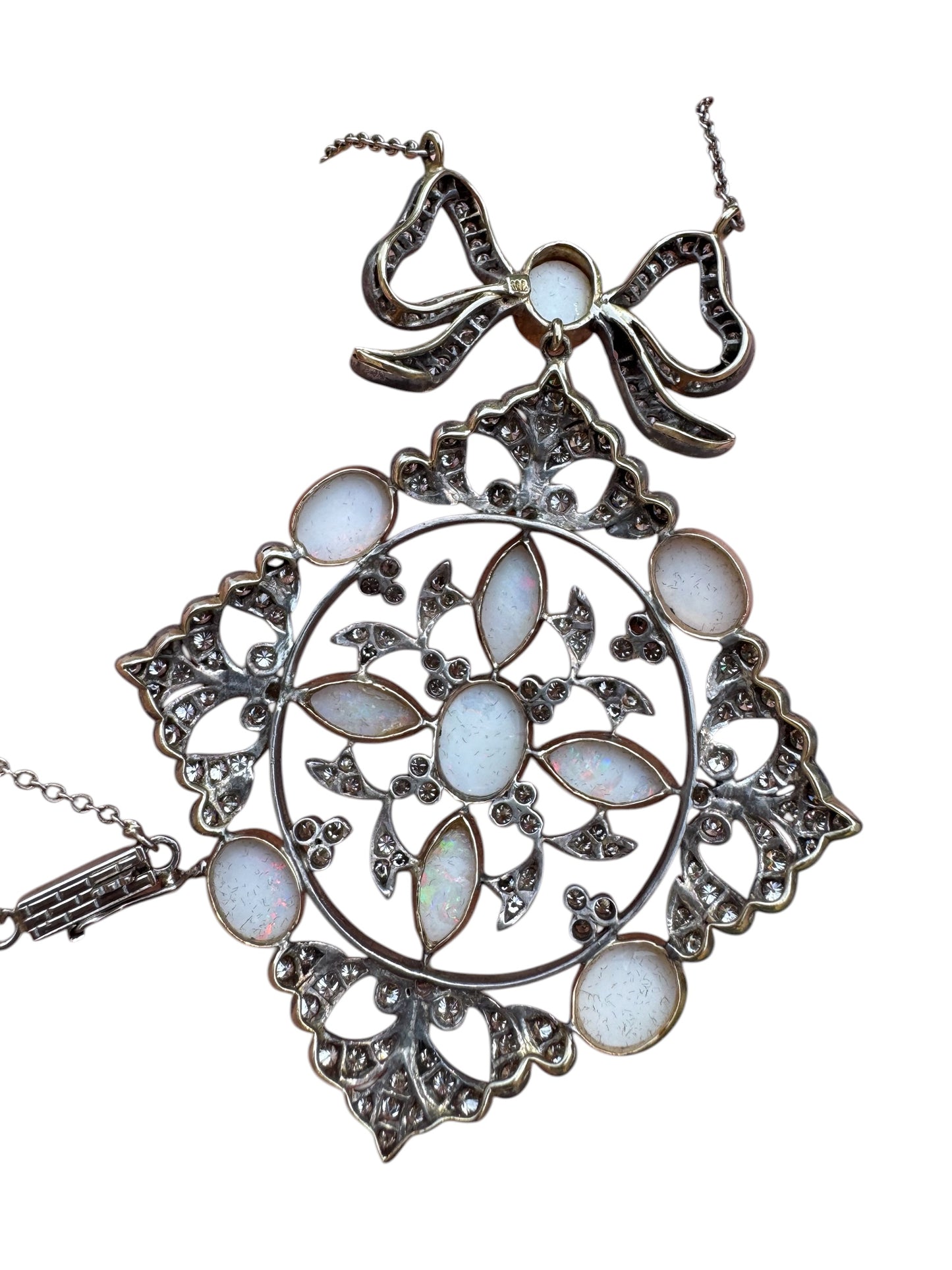 Antique Diamond and Opal Bow Pendant Necklace in 18K White Gold – Large Filigree Design