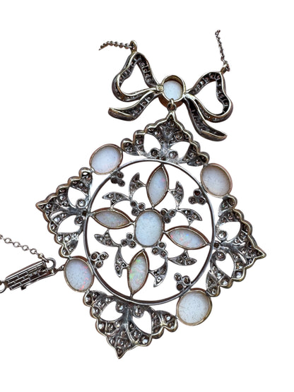 Antique Diamond and Opal Bow Pendant Necklace in 18K White Gold – Large Filigree Design