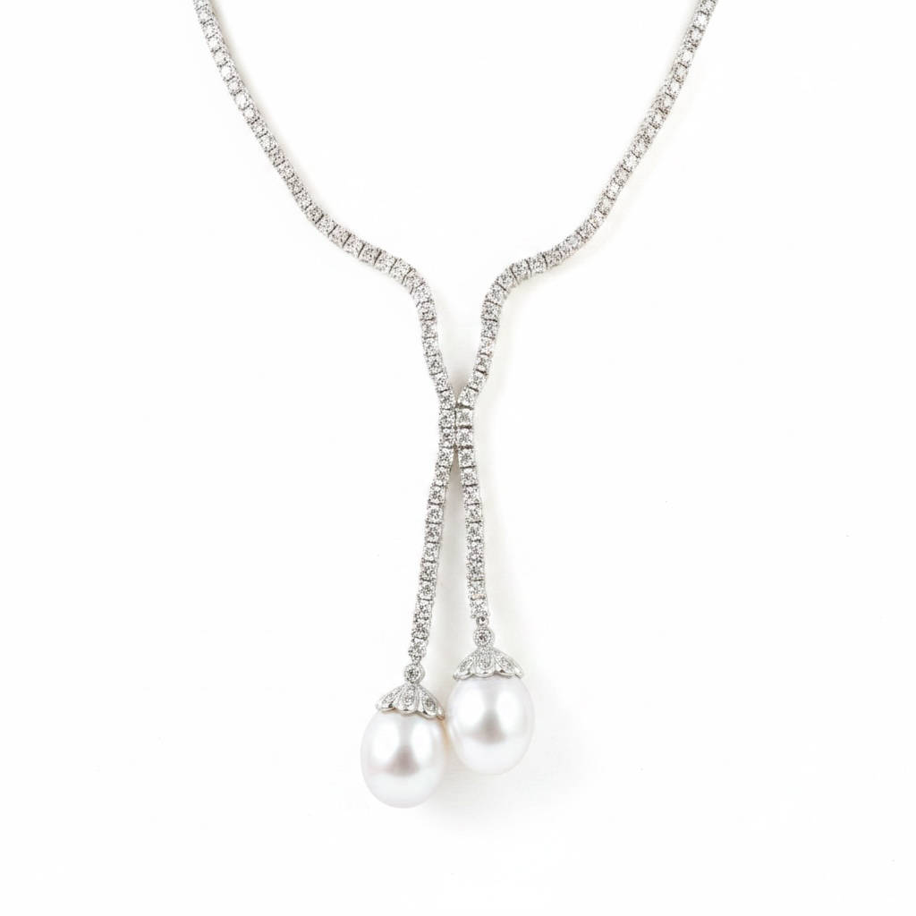 18K White Gold Diamond Tennis Lariat Necklace with South Sea Pearl Drops