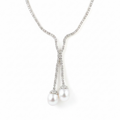 18K White Gold Diamond Tennis Lariat Necklace with South Sea Pearl Drops