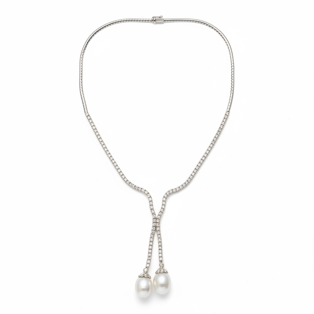 18K White Gold Diamond Tennis Lariat Necklace with South Sea Pearl Drops