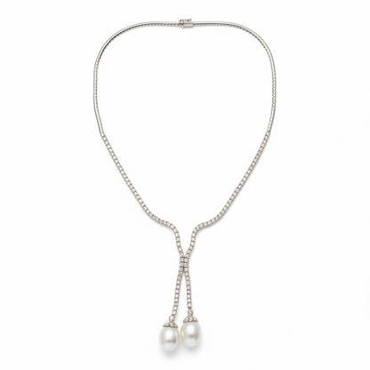 18K White Gold Diamond Tennis Lariat Necklace with South Sea Pearl Drops