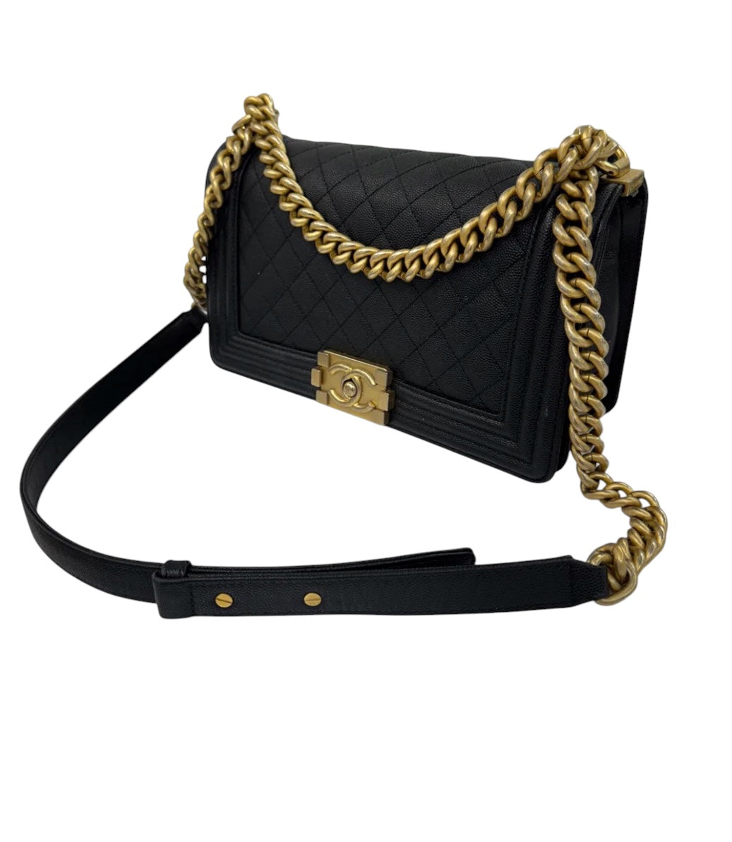 Authentic Chanel Boy Bag in Black Caviar Leather with Aged Gold Hardware
