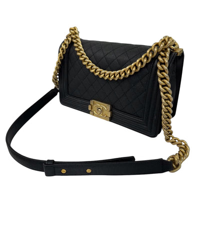 Authentic Chanel Boy Bag in Black Caviar Leather with Aged Gold Hardware