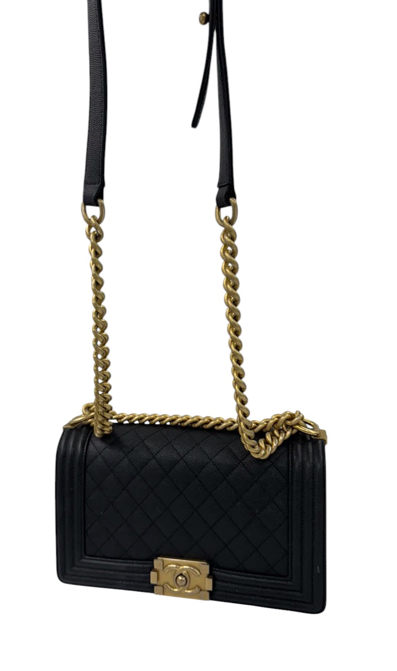 Authentic Chanel Boy Bag in Black Caviar Leather with Aged Gold Hardware