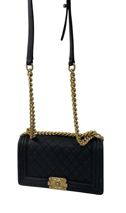 Authentic Chanel Boy Bag in Black Caviar Leather with Aged Gold Hardware