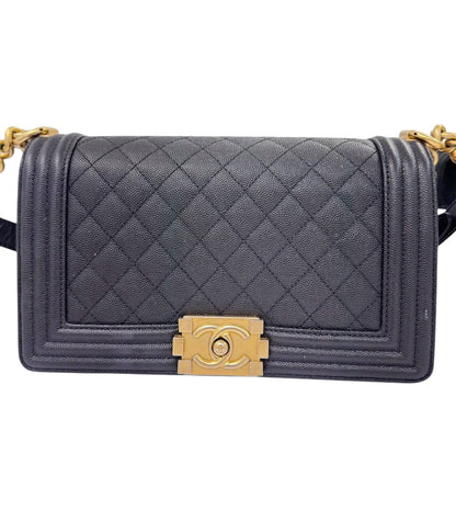 Authentic Chanel Boy Bag in Black Caviar Leather with Aged Gold Hardware