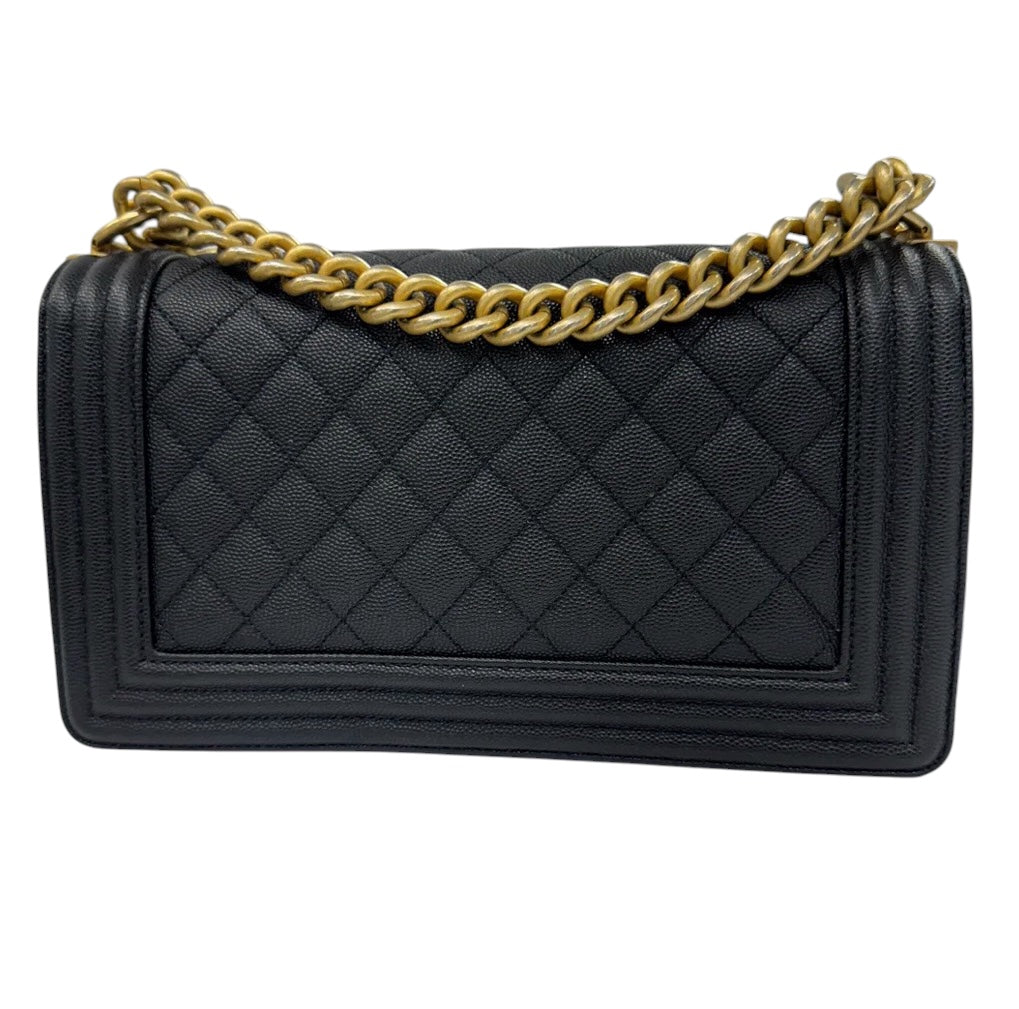 Authentic Chanel Boy Bag in Black Caviar Leather with Aged Gold Hardware