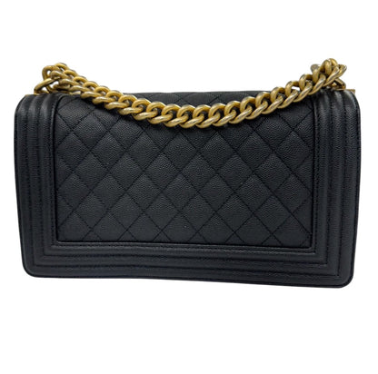 Authentic Chanel Boy Bag in Black Caviar Leather with Aged Gold Hardware