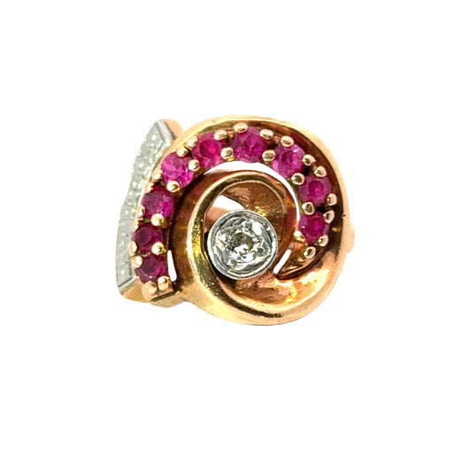 Spiral 14K Rose Gold Retro Ruby & Diamond Ring